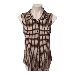 Adrianna Papell Sleeveless Button Down Collar Plaid Black Tan Shirt Sz Medium‎